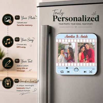 Personalized Music Fridge Magnet with Auto Play Button Custom Photo & Favorite Song Display | Romantic Gift for Couples, Weddings, Engagements & Anniversaries